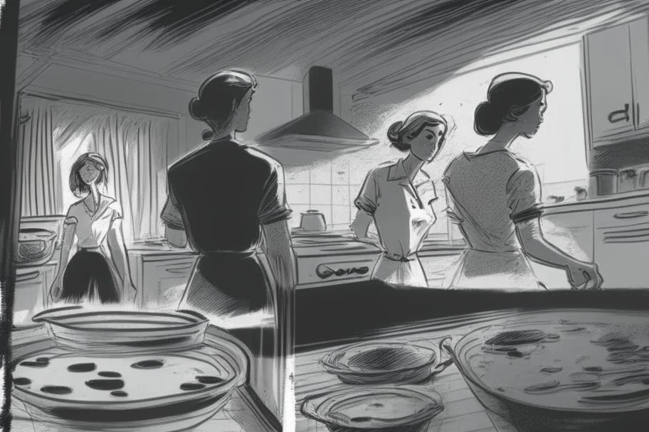 black and white storyboard, couple on foreground, we don t see them well because they are close and between them in the middle we see 3 cooks, scattered throughout the kitchen