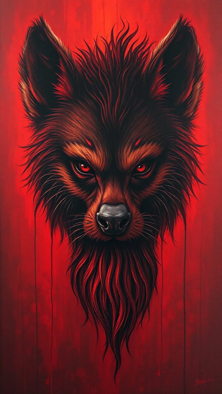 Bosch style painting , A shadow of a spirit inside a bloody red hyena haired with beard head with eyes open wide details on red bloody background