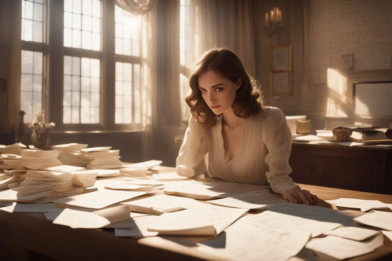 A pretty brown-haired woman sits in front of a table covered with handwritten letters, looking at them perplexedly, in an elegant room in the sunlight.