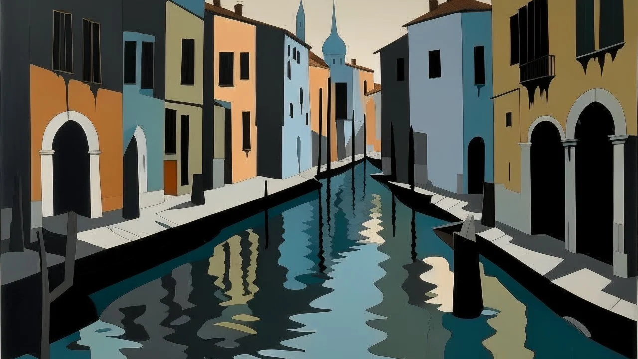 A gray shadowy oily river in a Venice like city painted by Stuart Davis