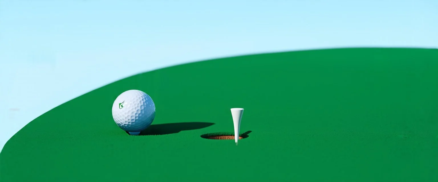 golf ball with shadow next to the hole, ground is short groomed green grass, clear blue sky, add texture and depth, photo realism