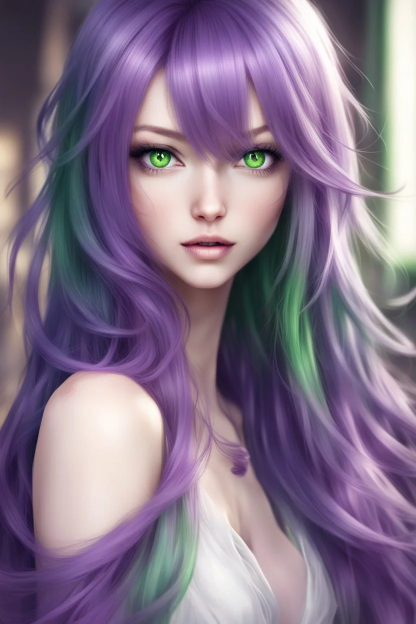 beautiful woman with long purple hair style anime green eyes