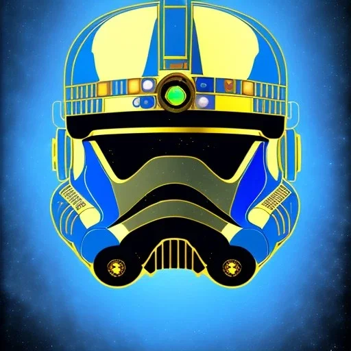 trés beau capitaine galactique, star wars style, avec costumes bleu et or , arrière fond bleu galactique étoilés, casque