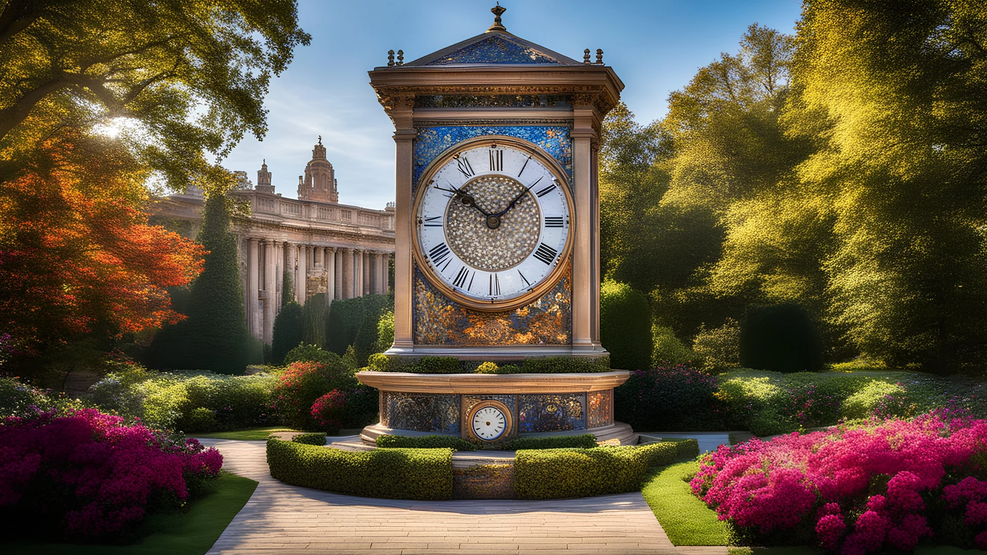 A majestic clocktower standing in the center of a timeless sanctuary, surrounded by gardens that bloom with flowers from every season. The clock face is a mosaic of gears and gemstones, bright sunshine, chiaroscuro, beautiful detail, fantasy, machinery. Award-winning photograph, 80mm focal length, rule of thirds.