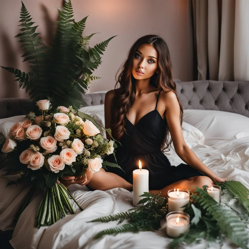 a young nice skin girl sitting on a couch holding a bunch of flowers, hair , sitting on the edge of a bed, roses and lush fern flowers, with big eyes, in a room full of candles, a microscopic photo, cute photograph, from left