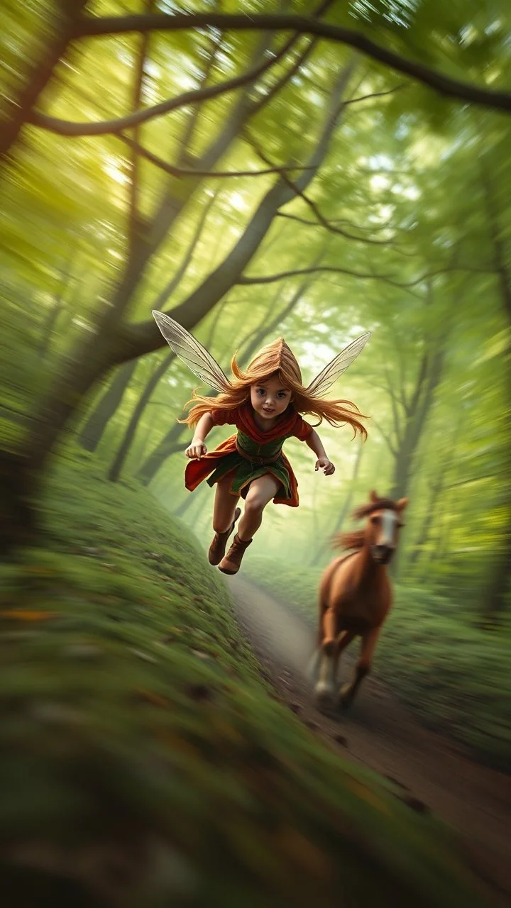 motion blur fast running caped long haired pixie Quickling - Forgotten Realms along winding branches in lush green forest along speeding horses , bokeh like f/0.8, tilt-shift lens 8k, high detail, smooth render, down-light, unreal engine, prize winning