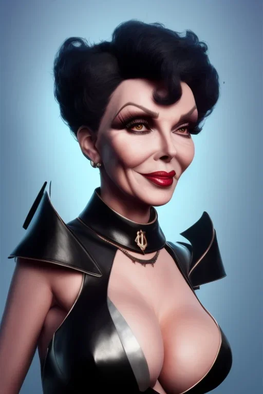 Joan Collins as evil queen in black leather, leather, busty, cleavage, angry, stern look. character design by cory loftis, fenghua zhong, ryohei hase, ismail inceoglu and ruan jia. unreal engine 5, artistic lighting, highly detailed, photorealistic, fantasy