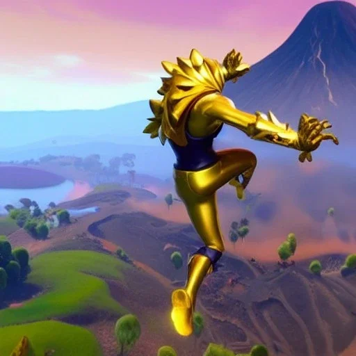 midas from fortnite jumping over a crocodile on a volcano