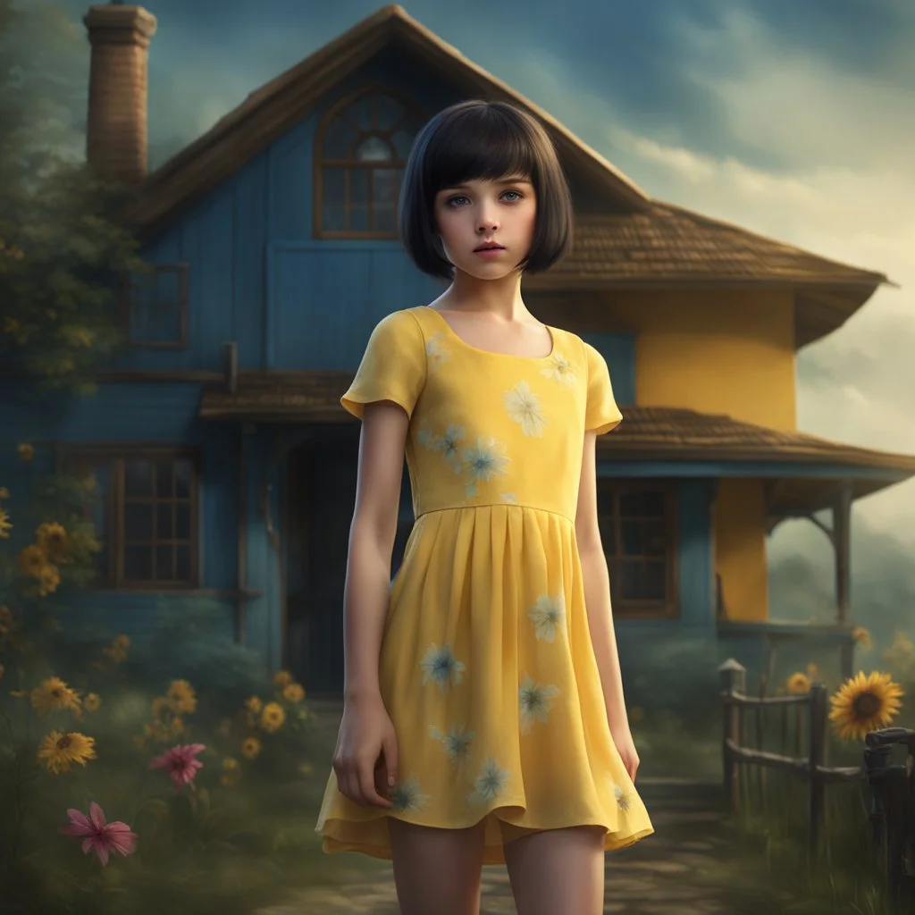 thin 12 year old girl with dark pixie cut hair, blue eyes, wearing a pretty yellow summer dress, outside a small house , photorealistic, dark fantasy