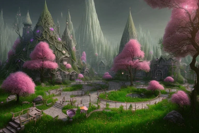 Immersive​ fantasy elven town in the deep green forest with beautiful flower pink tree