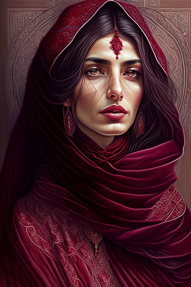 Hyper Detailed Gorgeous Turkish folklore woman, Wearing a maroon Bardot Dress & shawl