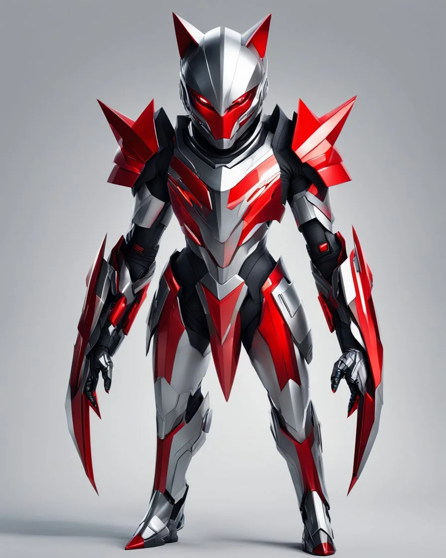 (((Full body and legs))). Digital illustration of futuristic character with armor, dynamic. Elegant metallic suit adorned with sharp angular lines, silver colors, black details, red stripe on the chest. Helmet with pointed cat design, cat ears, bright red cat eyes, exuding menacing presence. Stylized, abstract artwork, sketch-like quality, vibrant colors emphasize intricate details of the armor