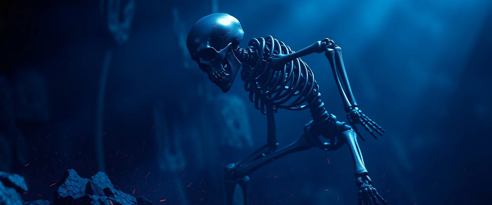 dark void skeleton, volumetric lighting, particales,highly detailed, deep colours,8k, blue, fighting