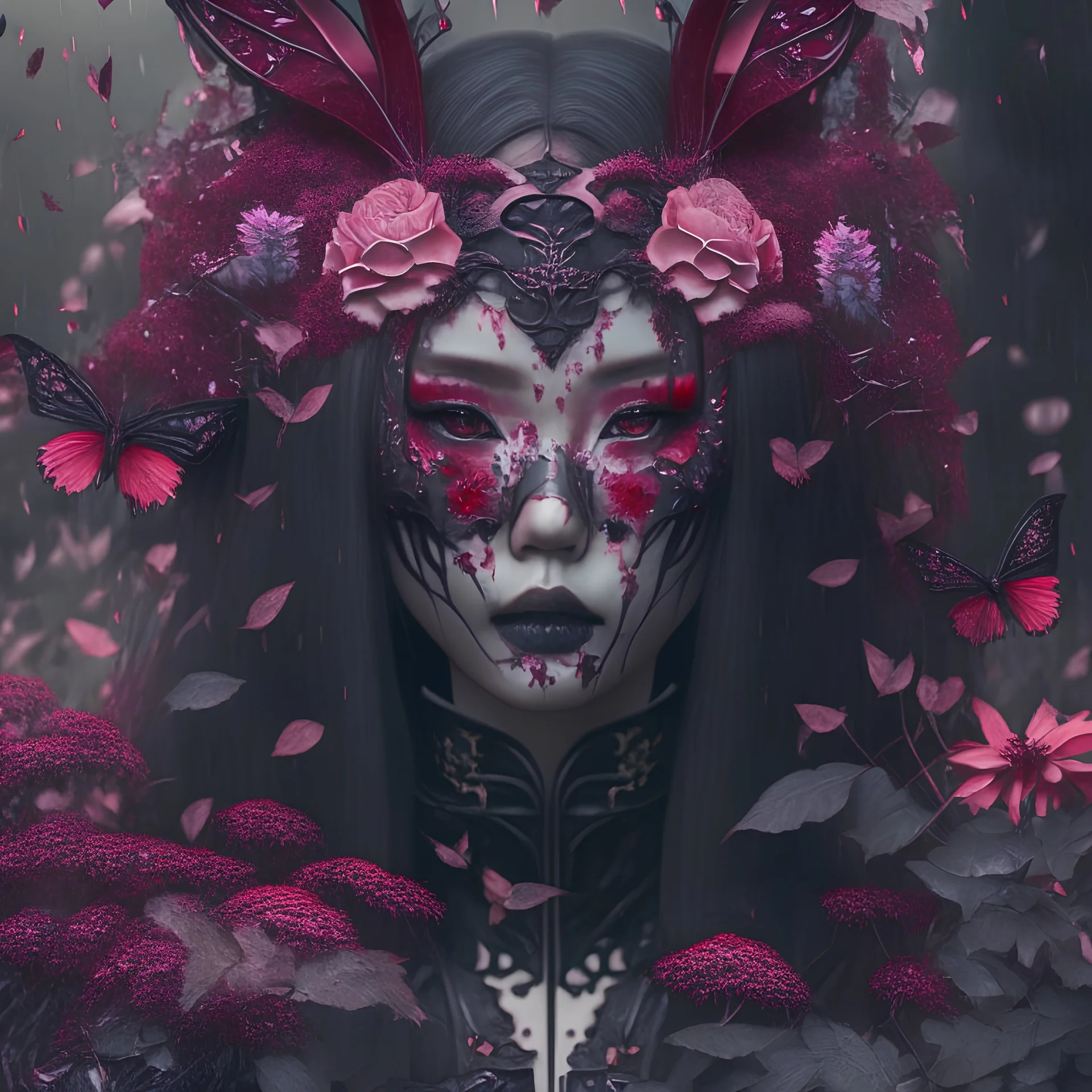 Goth girl, fullbody, intricate, nature, plants, pink, rabbit, blood, butterflies, skulls, raining, mask japan, burning all,raivens,darkred tones,realistic photograph , 3d render, octane render, intricately detailed,