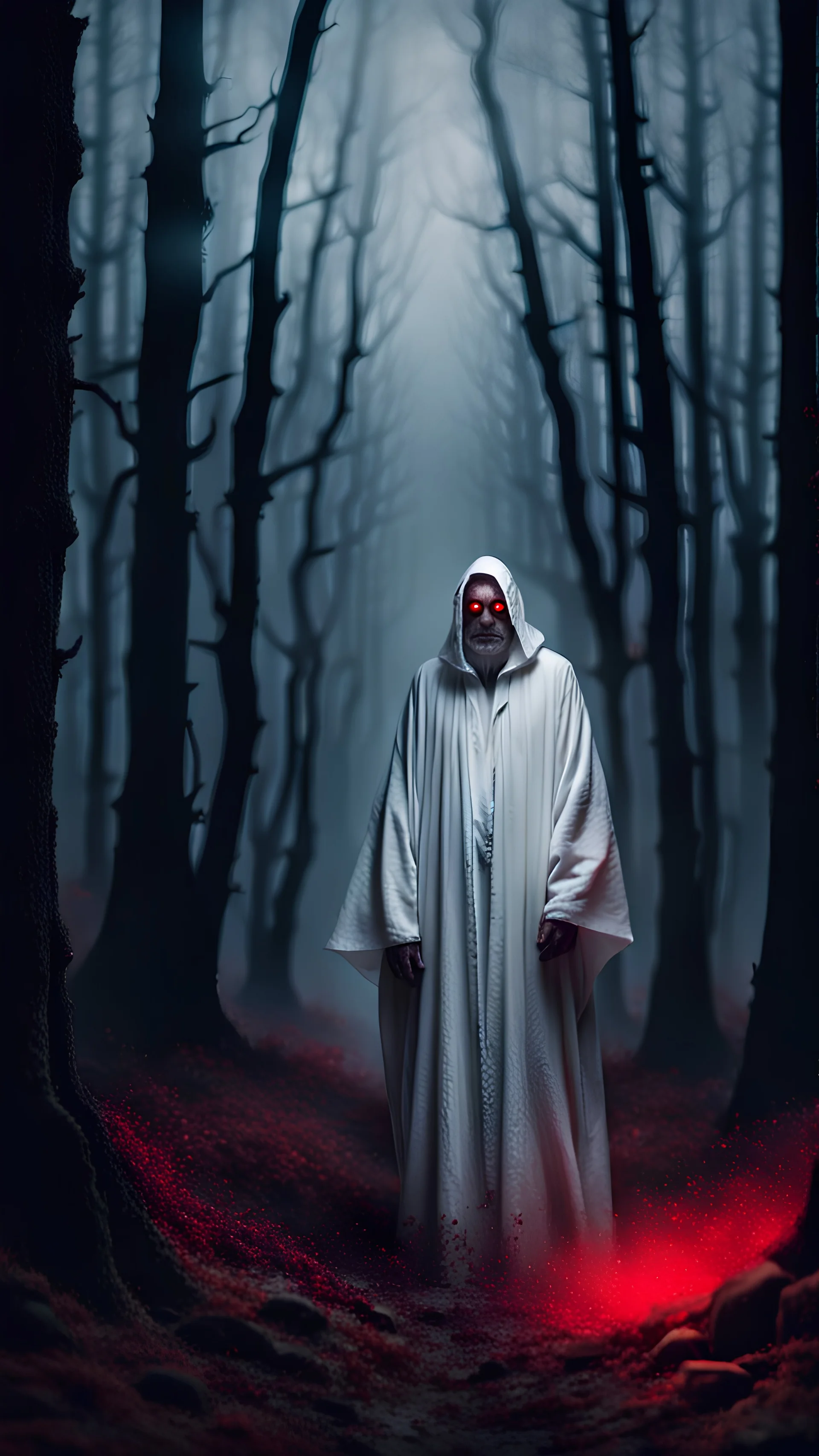 A scary grandfather in white robes stands in the distance with red eyes against the backdrop of a gloomy foggy creepy night forest