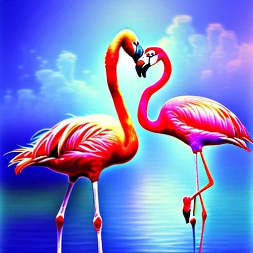 oil portrait of a flamingo with baby flamingo in lake by Monet 8k