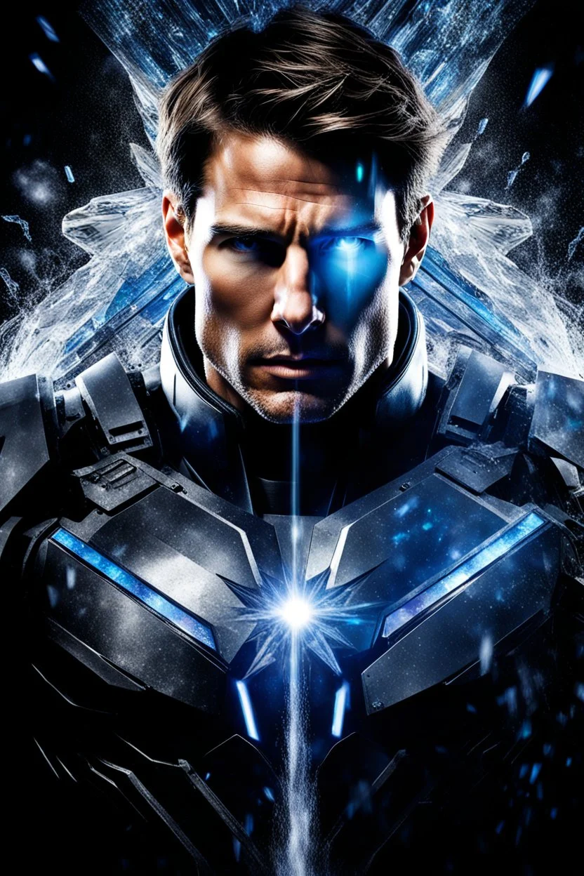 Tom Cruise facial portrait - pitch-black background with a blue glowing overhead spotlight effect, multicolored shards of ice, splashing water, prism effect, mosaic effect, time travel, space voyages, superheroes, moving really fast