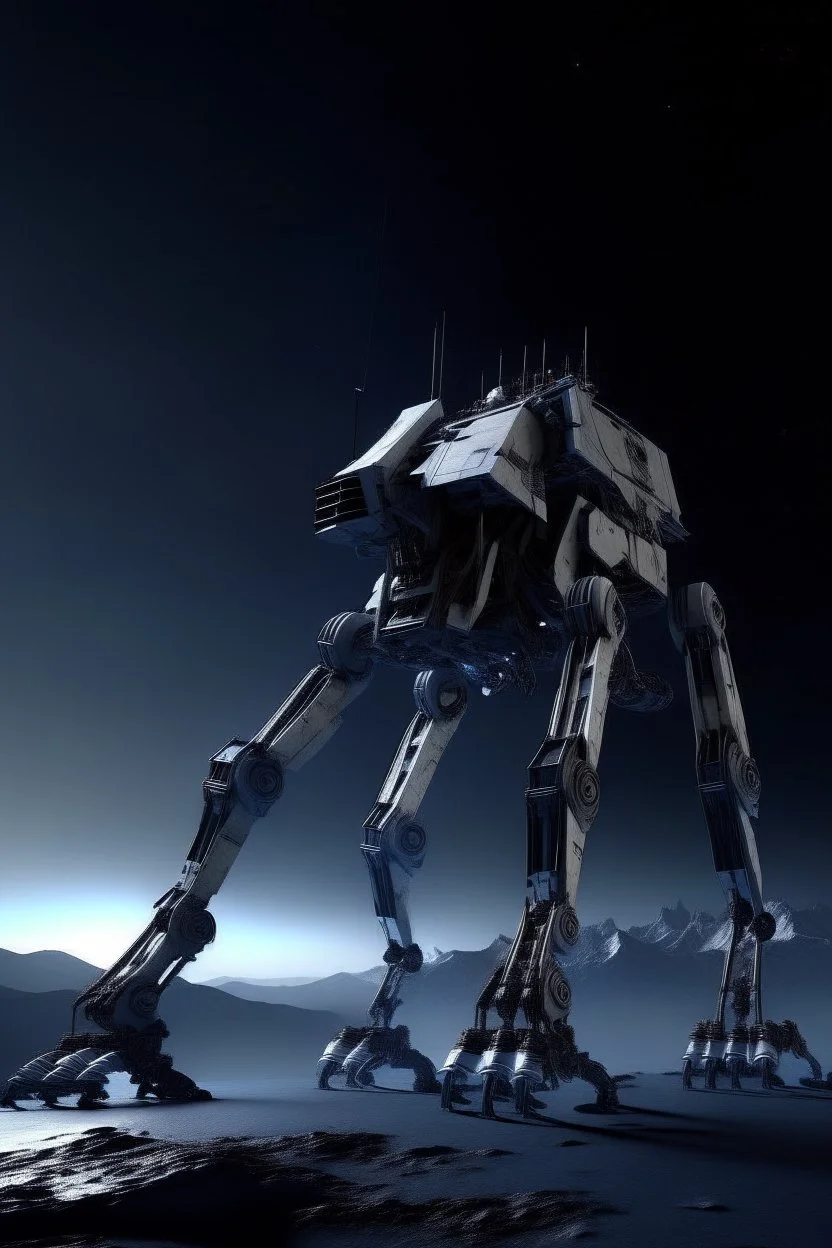 I want an image of a eight legged mechanical walker mech scaling the side of mout everest at night, it has a smooth surface