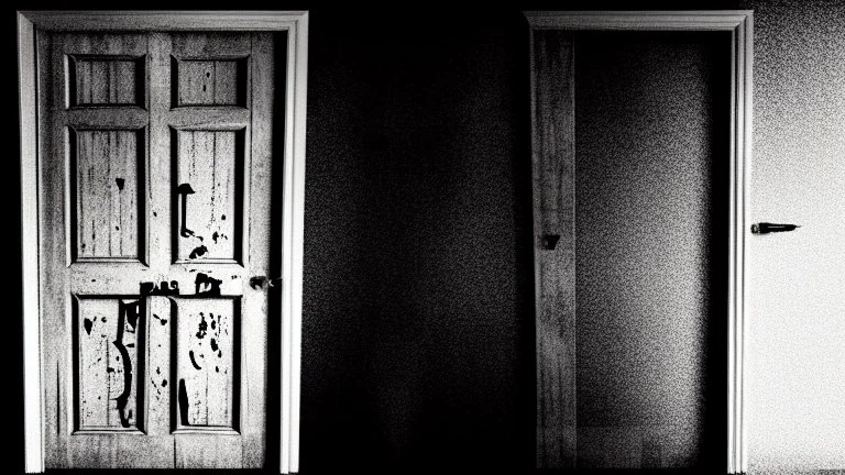 unhinged door, anime, monochrome, black background, ink, simple, maximum quality, broken hinge, barely functioning, why is it still being used it's a health hazard