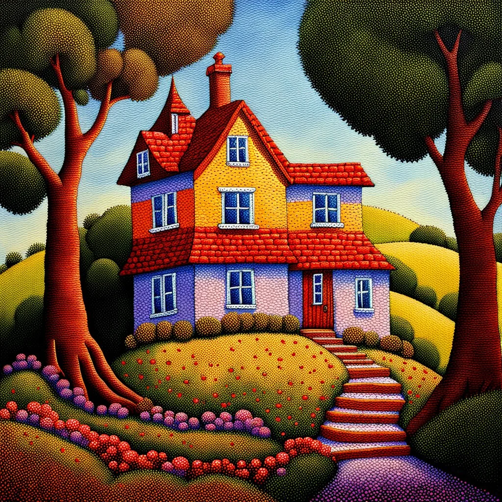 a painting of a house on a hill, a pointillism painting by Sylvia Wishart, deviantart, kinetic pointillism, detailed painting, whimsical, storybook illustration