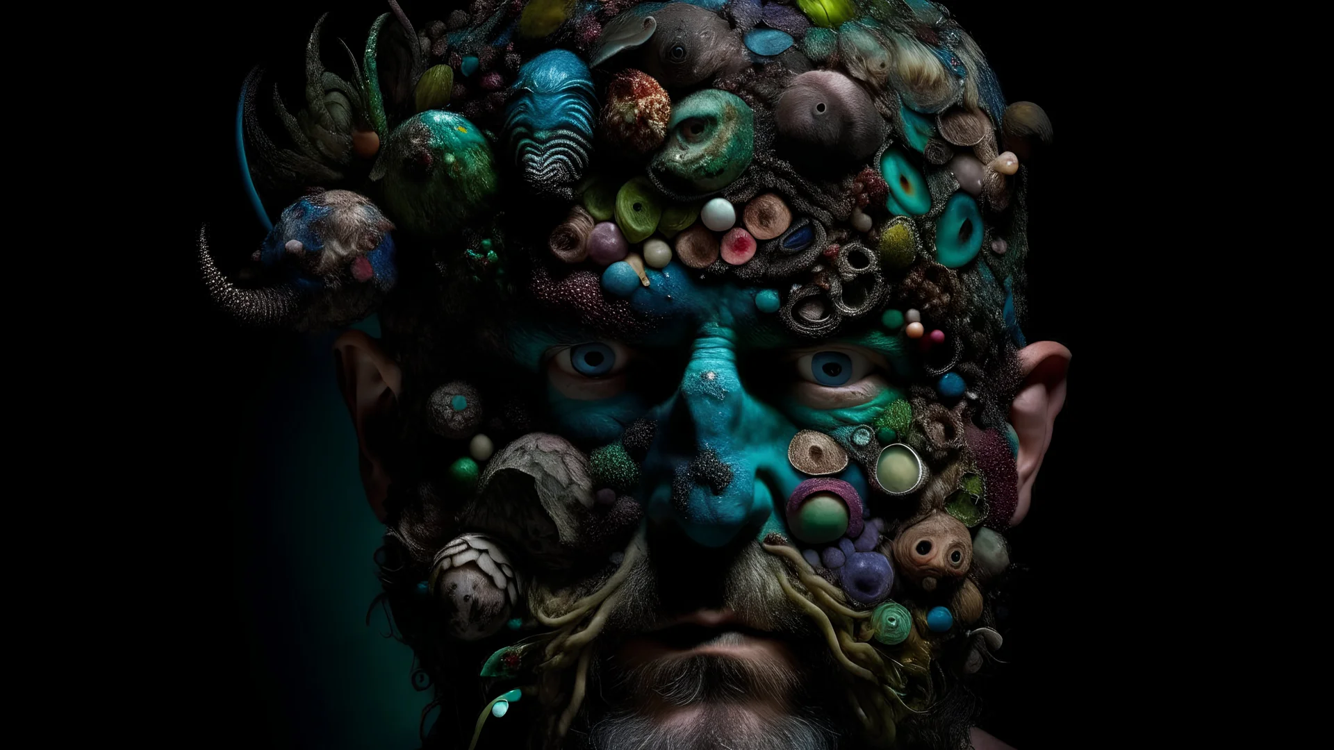 A surreal and captivating image of a man's head undergoing a bizarre metamorphosis, with various mollusks and shellfish taking over his face. His eyes, nose, and mouth are replaced by an array of colorful shells, while his hair transforms into a sea of wriggling, tentacle-like mollusks. The background is dark and mysterious, creating an eerie atmosphere. The overall composition is a stunning blend of the human form and sea creatures, evoking a sense of wonder and unease.