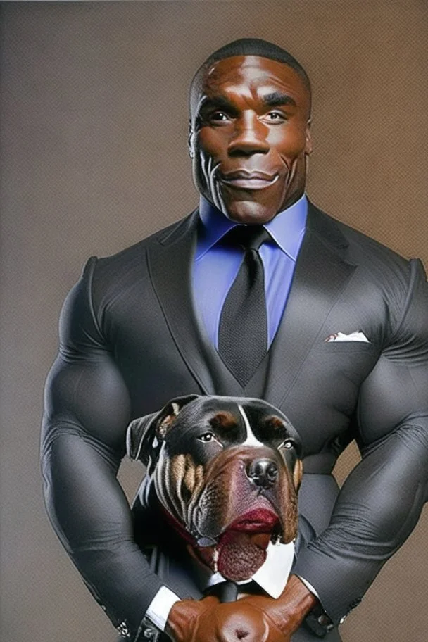 Bodybuilder Lee Haney with the face of a Rottweiler dog A dog's head instead of a person's head Only the player's body with a bulldog head on it He wears a luxurious black suit and holds a luxurious cigar The suit covers the body. In the mouth of the dog there is a luxurious Rottweiler dog head Remove the headRemove the dog and remove the head