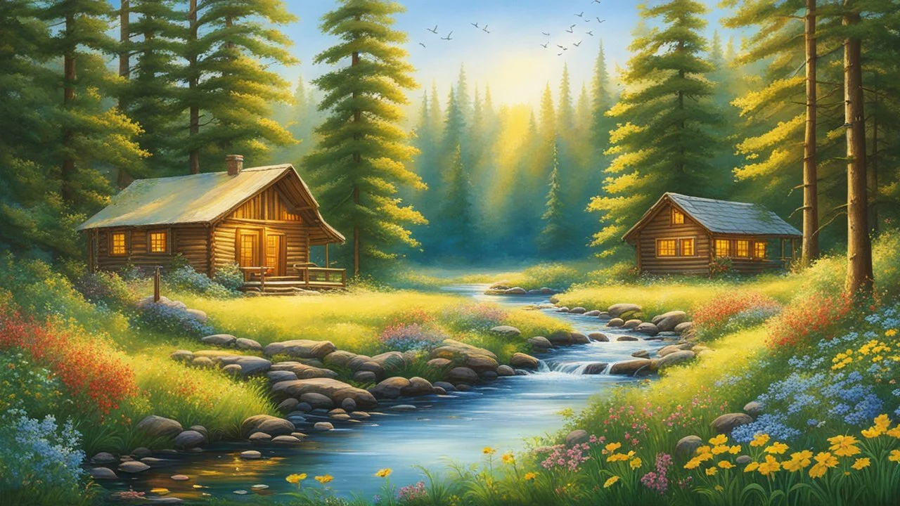 Craft an image of a serene, verdant forest bathed in soft, golden sunlight. Show a tranquil stream winding through the trees, reflecting the clear blue sky above. Birds soar overhead, and colorful wildflowers carpet the forest floor. In the distance, a cozy cabin nestled among the trees exudes warmth and safety. Let the image evoke feelings of peace, harmony, and the beauty of nature, offering viewers a comforting refuge in a chaotic world.