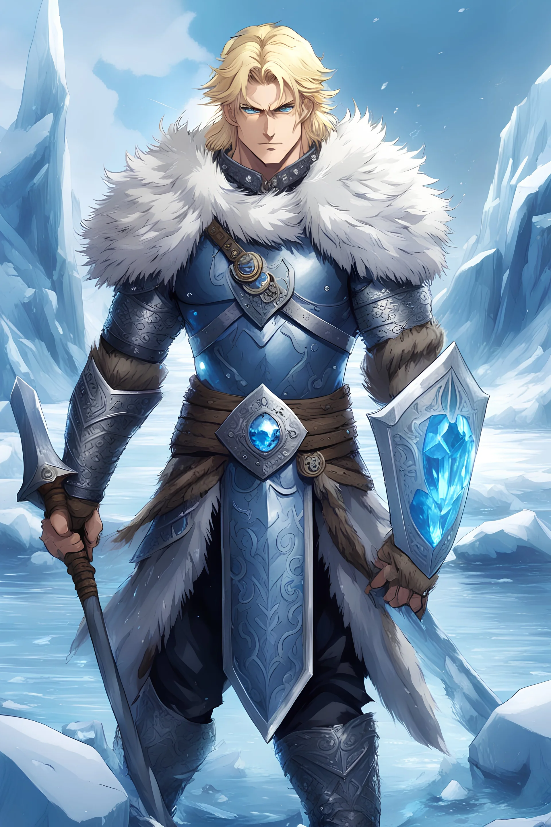 1 anime man. warrior, with blue eyes and blonde hair man in silver Viking armor with fur around the neck with blue crystal on his chest, standing in water in the artic, holding a ice axe, warrior in, anime style