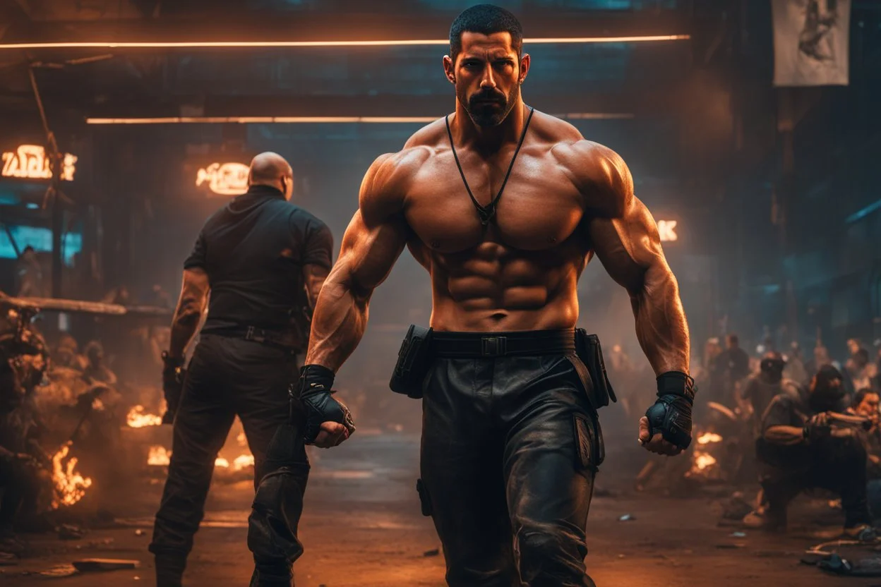 boyka in 8k anime artstyle, Scott Adkins model, neon effect, close picture, full body, apocalypse, intricate details, highly detailed, high details, detailed portrait, masterpiece,ultra detailed, ultra quality