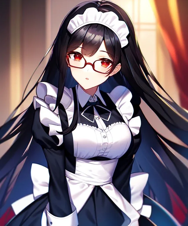 girl, masterpiece, best quality, volumetric lighting, detailed outfit, perfect eyes, long hair, black hair, red eyes, glasses, bowing, maid,