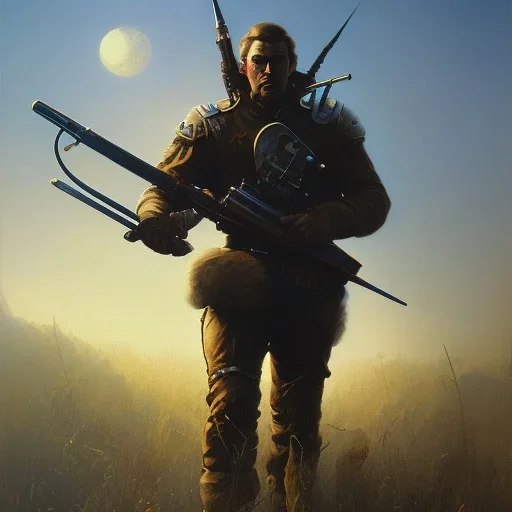 frank frazetta style, hunter in the field, dusk