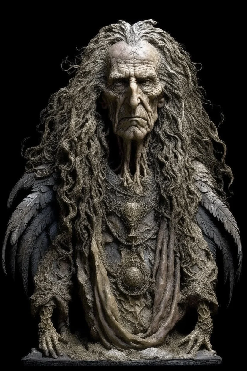 sculpture of handsome old man with long curly hair and an eagle wings in his back, half the f his body , front view . decayed and rotting with grotesque proportions and imagery. abstract grotesqueries, detailed texture, surreal horror, biomechanical design, by hr giger and beksinski