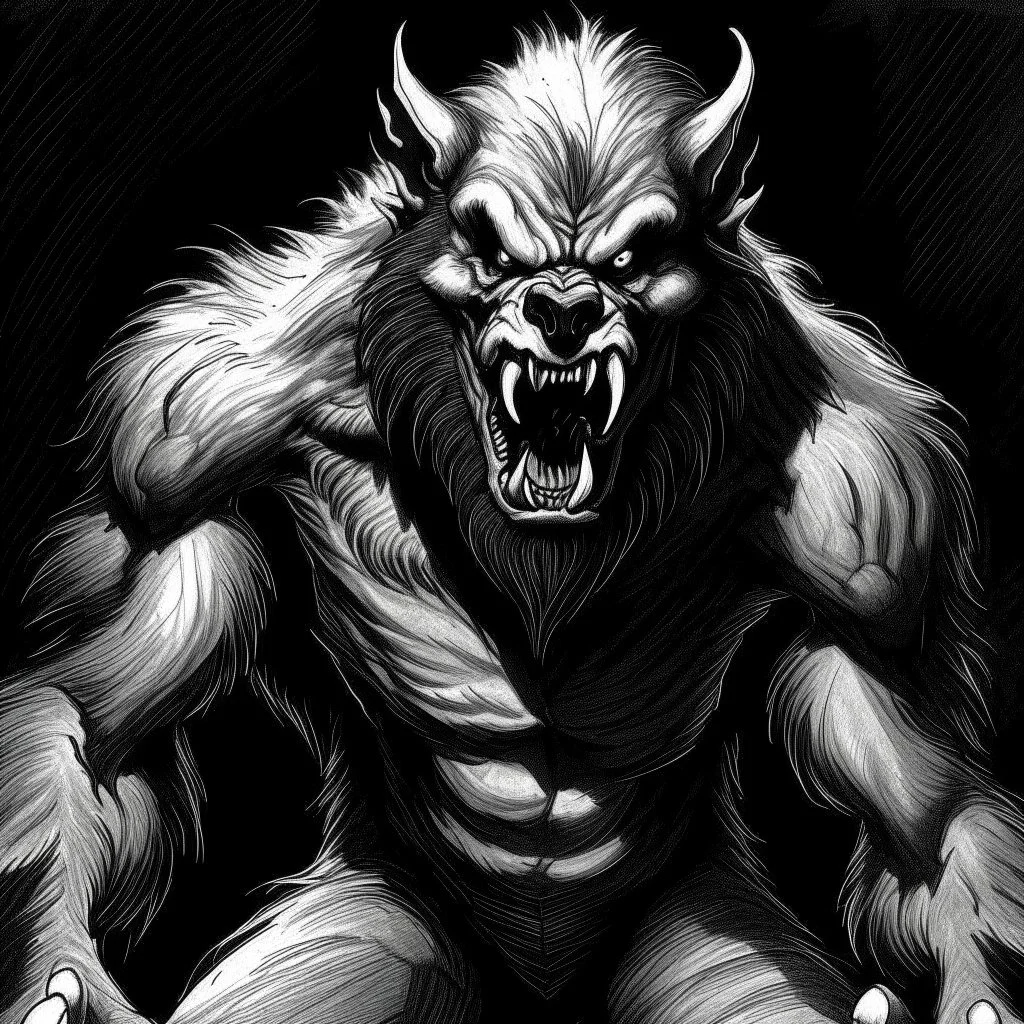 A black and white drawing, a werewolf