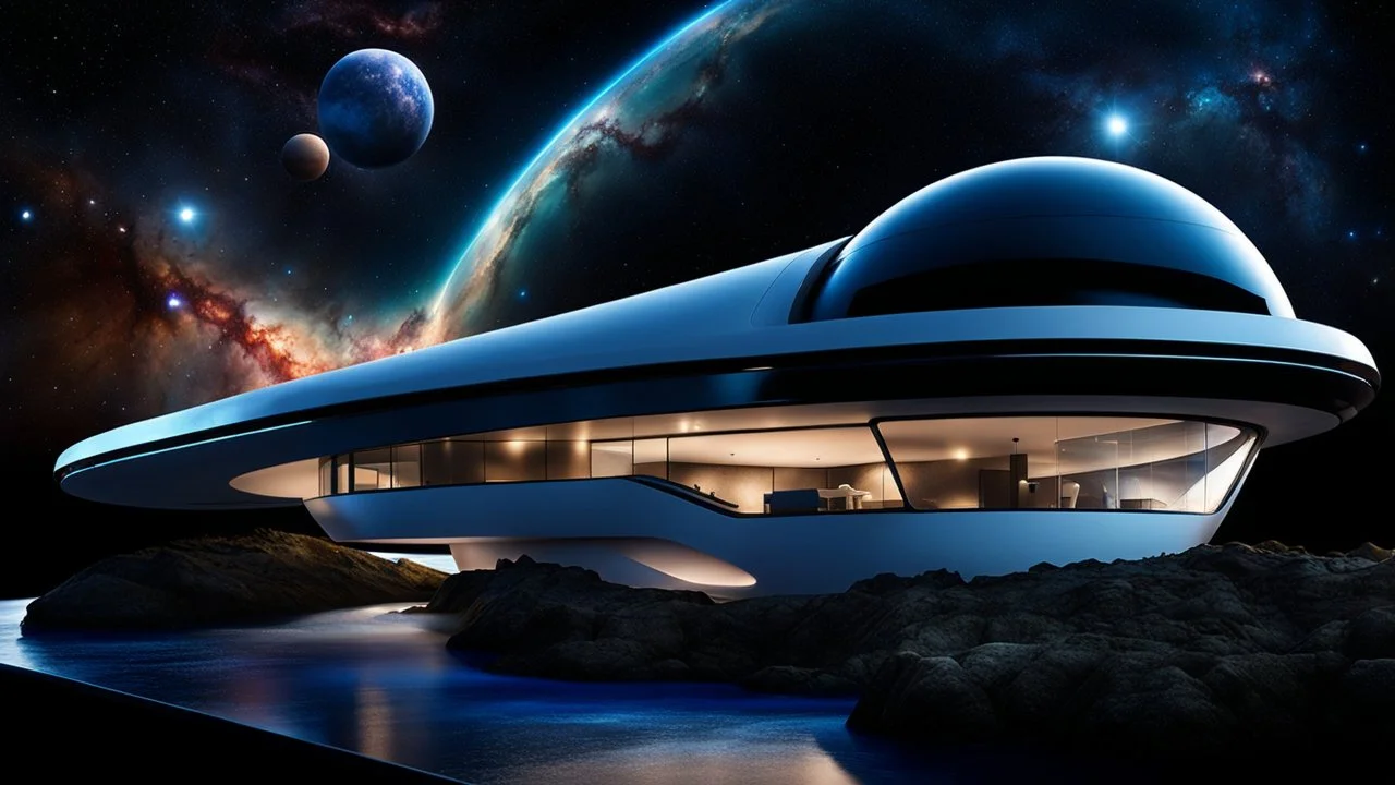 photorealistic futuristic unique house flotaing in big space in outer space in a star nebula, streamlined futuristic spaceship floating in front, nebula behind, stars, tiny planets in the distance, dark blue deep space Professional photography, bokeh, natural lighting, canon lens, shot on dslr 64 megapixels sharp focus, stunnig, cinematic