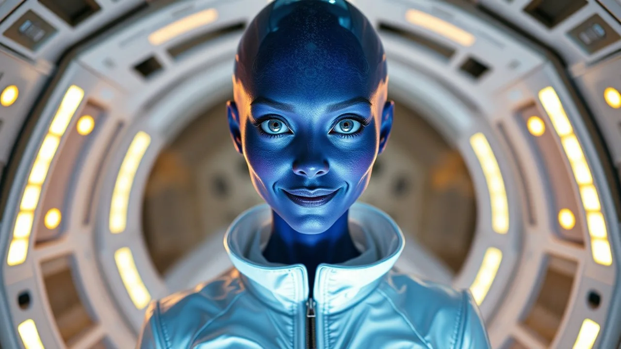 "Artistic photography (((FULL BODY from HEAD to FEET))), enormous almond shape lighted crystal clear eyes, she is dressed in a white shiny jumpsuit she is a gorgeous smiling extra terrestrial woman with indigo purple blue skin with a high elongated skull like a magnum bottle, 40 y/o asian, in her white luminous starship
