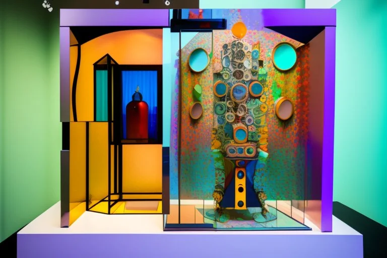 teleport machine in glass box in gallery in the style of Eileen Agar