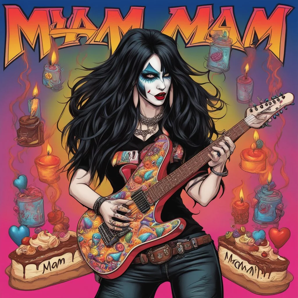 metalhead woman long dark hair in KISS makeup and heavy metal tour T-shirt carrying chocolate birthday cake shaped like a guitar, text "MAM", candles, by Wes Benscoter and Greg Rutkowski, digital art, colorful, quirky, KISS cat makeup