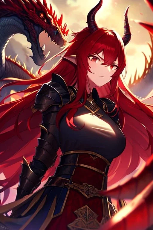 girl, masterpiece, best quality, cinematic lighting, detailed outfit, vibrant colors, perfect eyes, long hair, red hair, red eyes, dragon girl, armored clothes, angry, looking down, dragon horn,