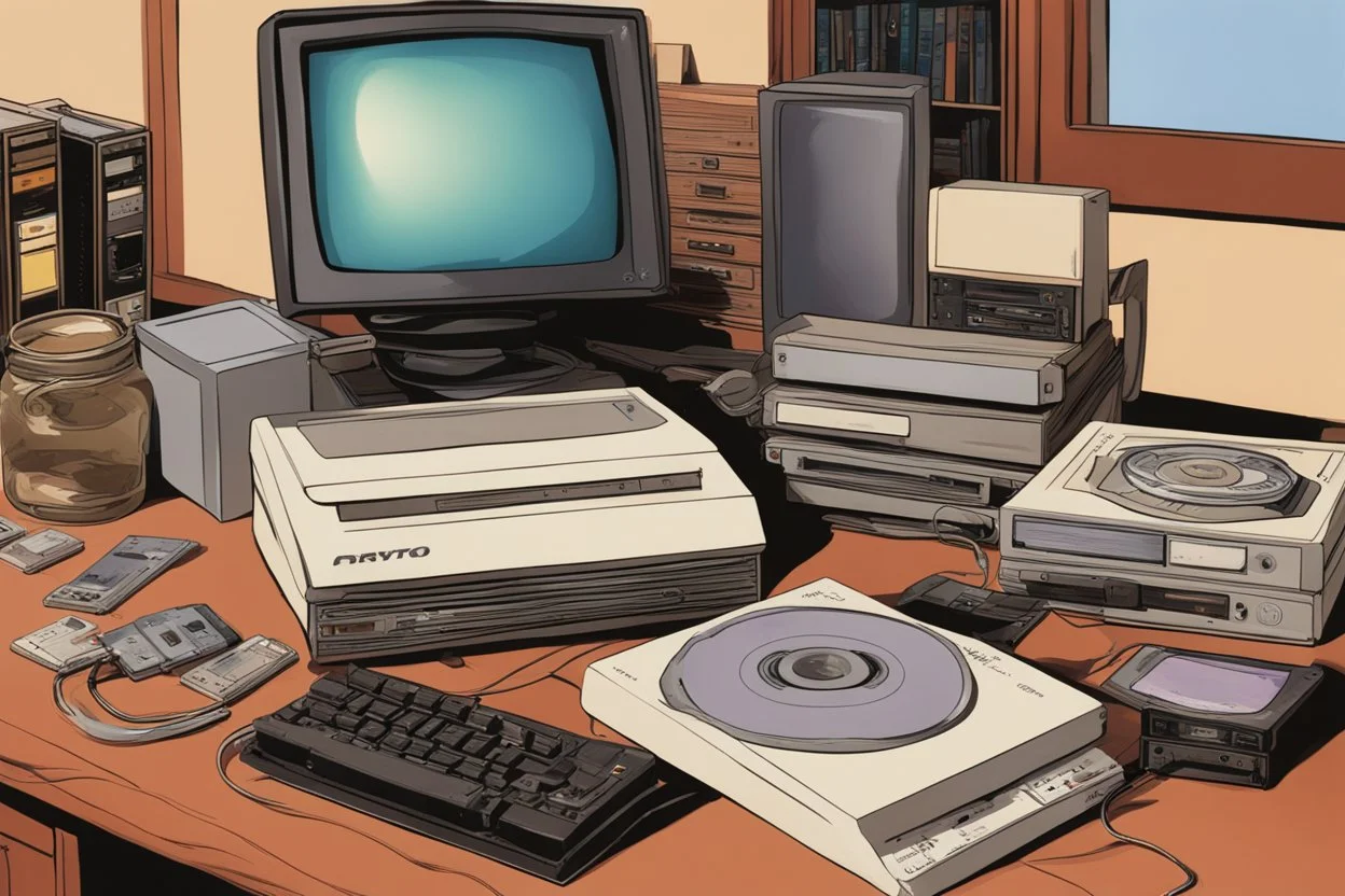 retro tech on a desk, Magneto-optical disk, floppy disk, Hard disks, ram, VHS, Retro pc, slight watercolor, no humans