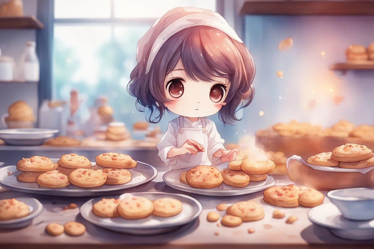 watercolor and ink, cute chibi anime sad girl baking cookies, ethereal, cinematic postprocessing, bokeh, dof