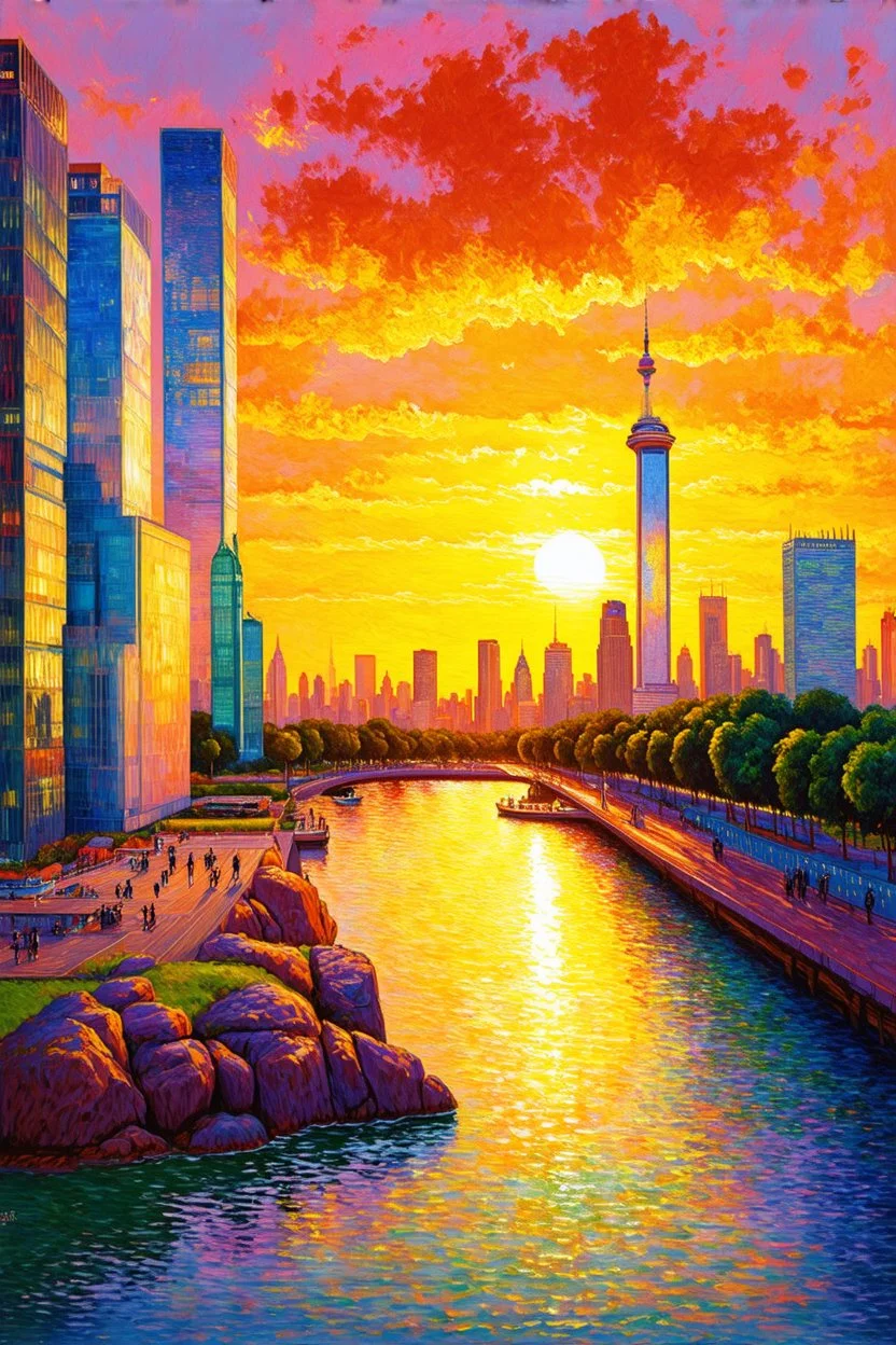 Amazing colorful sunset, buildings, lake, city, rocks, park, coast, cyberpunk, sci-fi, claude monet impressionism paintings