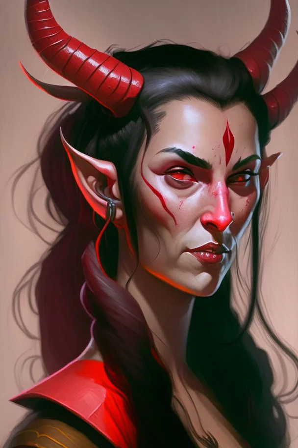 Portrait of a female Tiefling bard with bright red skin, two horns emerging from her forehead and long black hair with sidebangs and a ponytail.