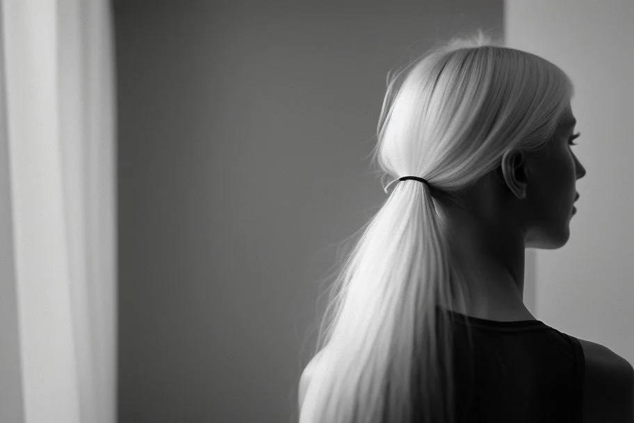 Mujer rubia de espaldas, retrato huge primer plano., iluminada potentemente desde atrás, Imagen en blanco y negro vaporoso, al estilo de la foto del fotógrafo Hugo Alonso.