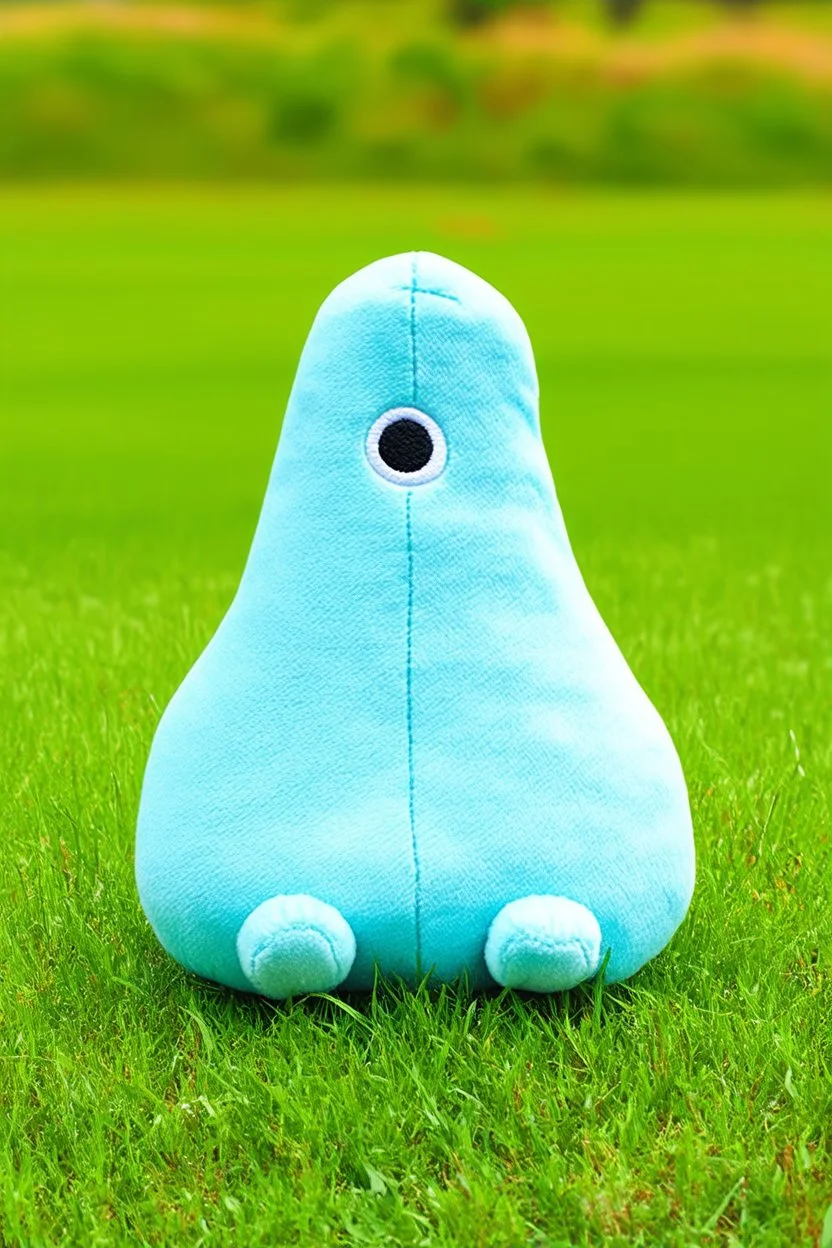 plush toy(tall and skinny blob with 1 eye) small feet at front, in a field of short grass