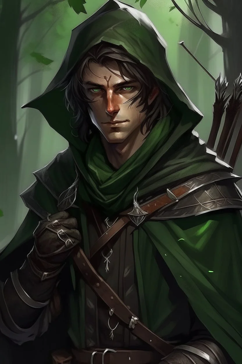 35 year old male rogue elf, thief assassin, purplish hair, messy hair, bright green eyes, brown skin, black hood, black leather, messy, disheveled, trees, sneaky, bow and arrows, long and lean