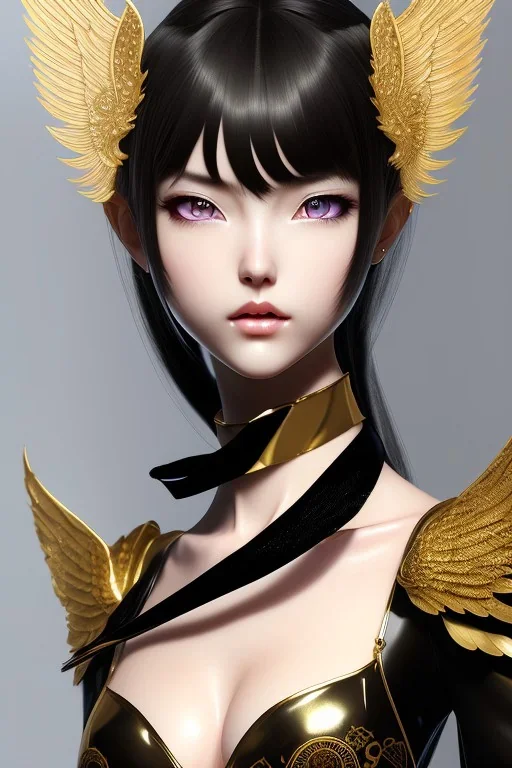 Detailed cute anime Kunoichi girl with wings, hair buns, bangs, black latex bodysuit, intricate details, full body portrait, keep head in frame, slight smile, black Japanese motif, concept art, highly detailed, digital painting, concept art, sharp focus, illustration, art by Yoji Shinkawa, WLOP and greg rutkowski and alphonse mucha and artgerm and yanjun Chen and Junji ito and Makoto Shinkai, HDR, octane render