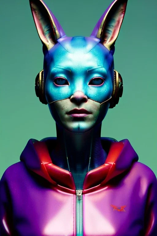 Medium Close Up Portrait, Front image. cyberpunk, rabbit mask, Asian woman, pink hair. latex tracksuit. Red, black, gold, color. Ghost in the shell style. Color background, photo studio. Avatar image, highly detailed, concept art, smooth, unreal engine 5, god rays, ray tracing, RTX, lumen lighting, ultra detail, volumetric lighting, 3d, finely drawn, high definition, high resolution.