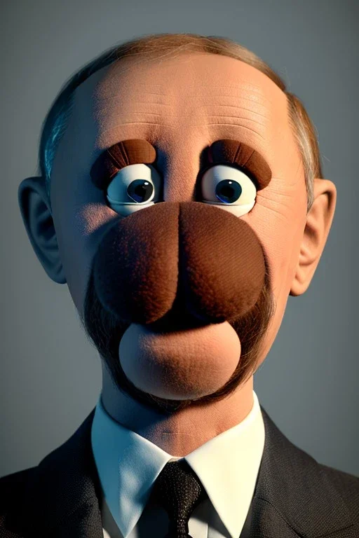 Waist up muppet Portrait, Vladimir Putin as muppet doll, Black suit, photo studio, blue background, unreal engine 5, concept art, art station, god lights, ray tracing, RTX, lumen lighting, ultra detail, volumetric lighting, 3d.