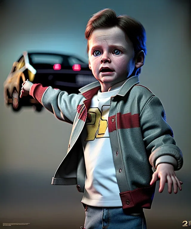 Marty mcfly toddler, full body, delorean, dramatic lighting, hyper realistic