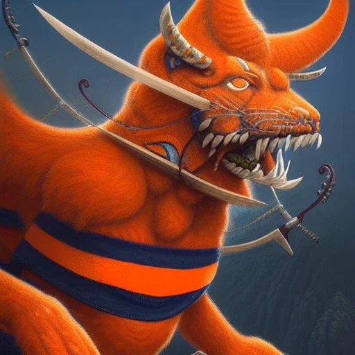 Otto the orange syracuse mascot as a fierce warrior in full navy blue and orange battle armor, a highly detailed illustration, background of Inka jungle, realistic render, 8 k, micro detail, intricate, elegant, centered, digital painting, Artstation, smooth, sharp focus, illustration, artgerm, tomasz alen kopera, peter mohrbacher, donato giancola, joseph christian leyendecker, wlop, boris vallejo